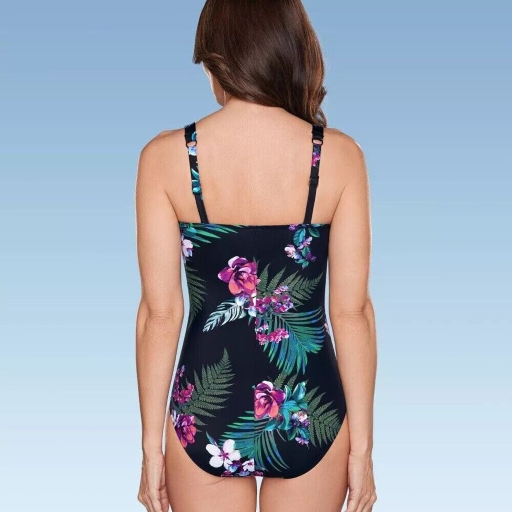 Aqua Green Small 4-6 V-Neck & Waist Detail Full Coverage Floral 1 Pc Swimsuit - Picture 3 of 7